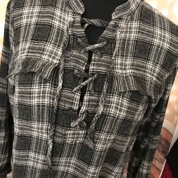 Madewell Terrace Lace Up Gray Wool Plaid Shirt - Picture 3 of 5